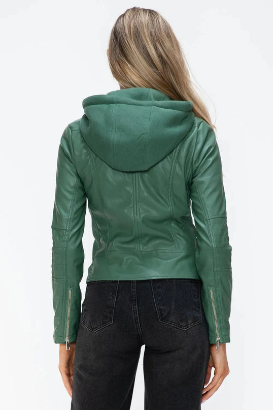 Snobbish Faux Leather Zip Up Drawstring Hooded Jacket - ShopEasier