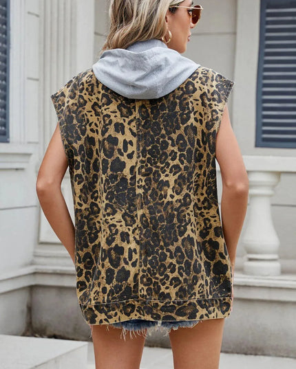 Leopard Buttton Up Denim Vest - ShopEasier