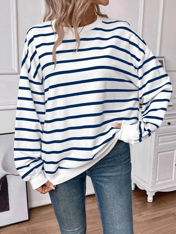 Chic Striped Round Neck Long Sleeve Sweatshirt