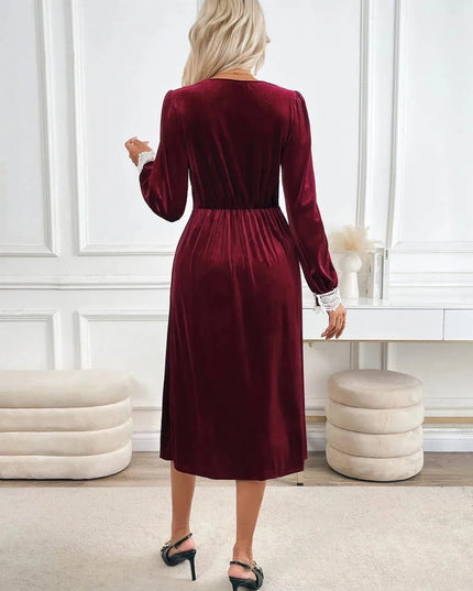 Perfee Lace Detail V-Neck Long Sleeve Midi Dress