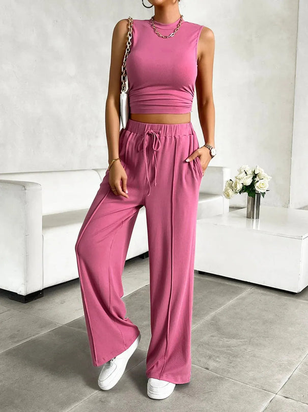 Devine Mock Neck Sleeveless Top and Drawstring Pants Set - ShopEasier