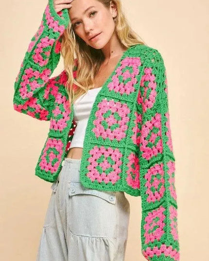 Davi & Dani Full Size Two Tone Flower Square Crochet Open Front Cardigan - ShopEasier