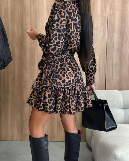 Tied Leopard Surplice Long Sleeve Dress - ShopEasier