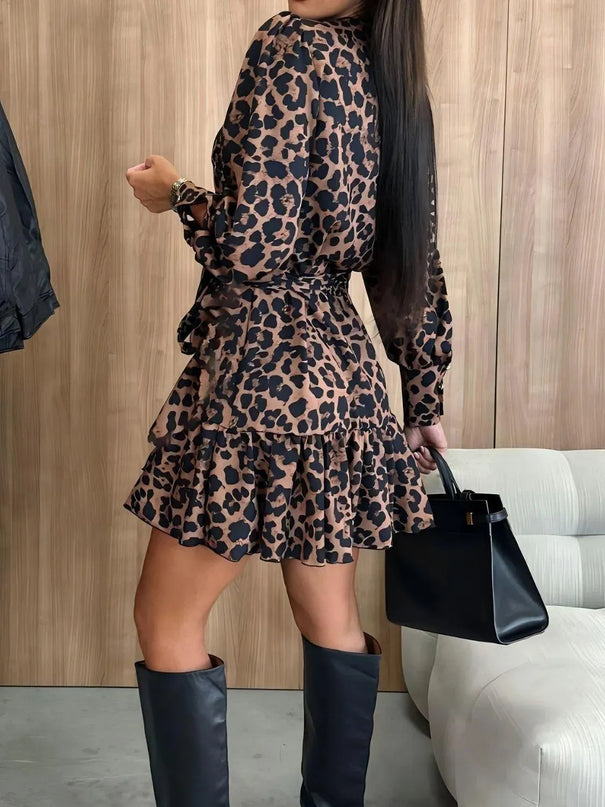 Tied Leopard Surplice Long Sleeve Dress - ShopEasier