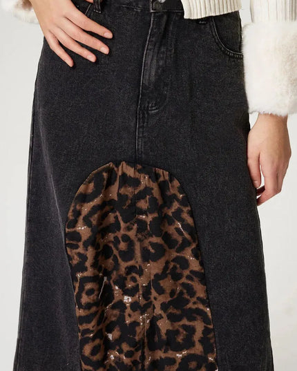 Slit Leopard Midi Denim Skirt - ShopEasier