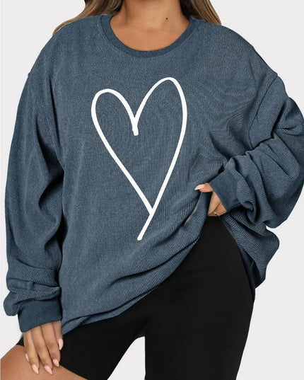 Plus Size Heart Ribbed Round Neck Sweatshirt - ShopEasier