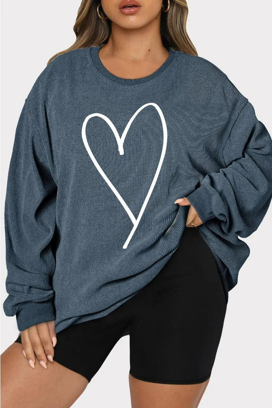 Plus Size Heart Ribbed Round Neck Sweatshirt - ShopEasier