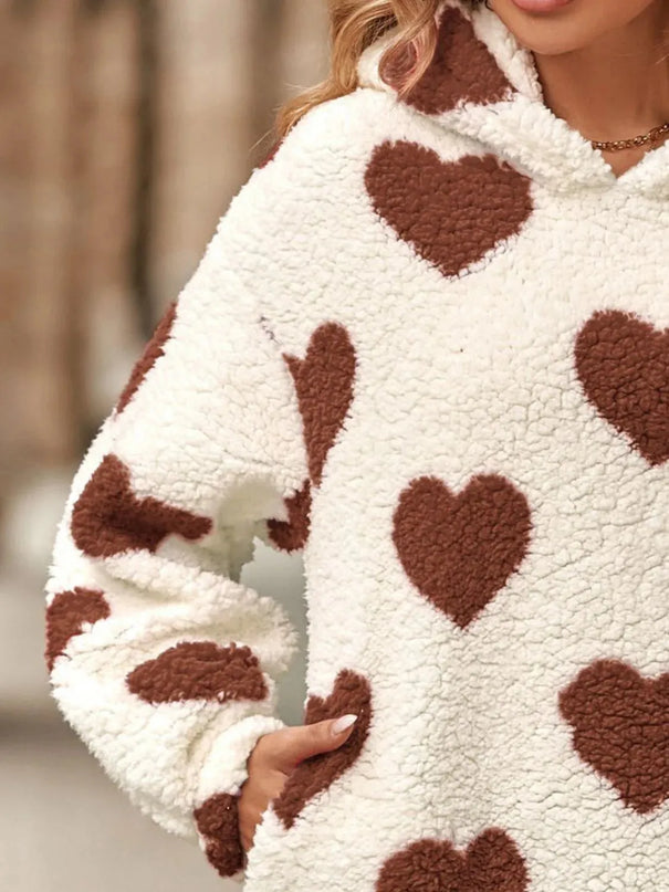 Fuzzy Heart Pocketed Dropped Shoulder Hoodie - ShopEasier