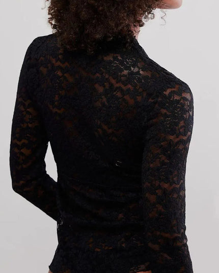 Lace V-Neck Semi-Sheer Long Sleeve Blouse