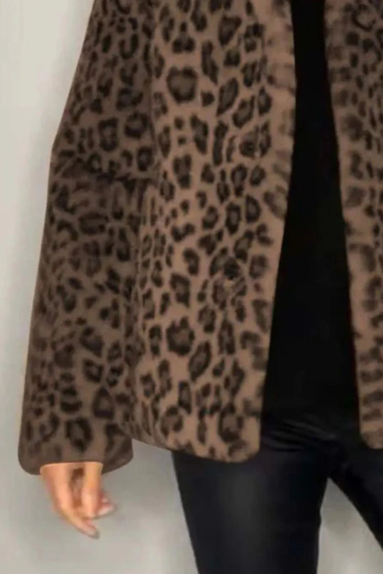 Full Size Leopard Furry Collared Neck Long Sleeve Coat - ShopEasier