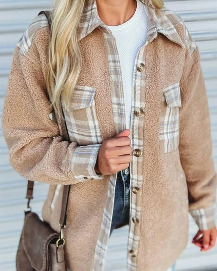 Pocketed Plaid Collared Neck Sherpa Jacket - ShopEasier