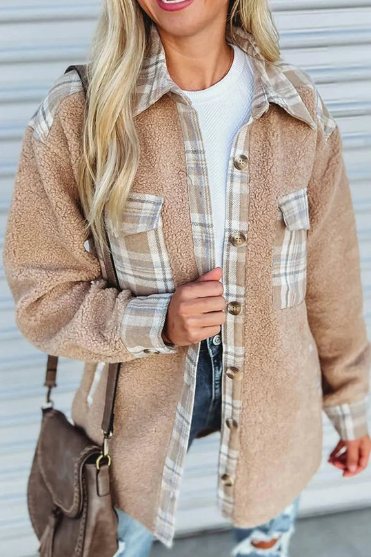 Pocketed Plaid Collared Neck Sherpa Jacket - ShopEasier