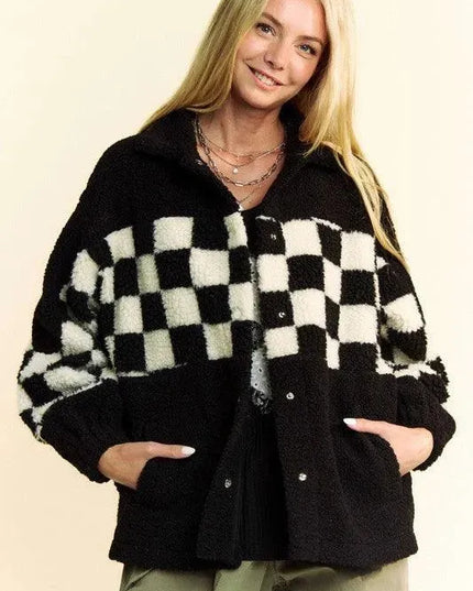 Davi & Dani Full Size Checkered Snap Down Faux Fur Jacket - ShopEasier