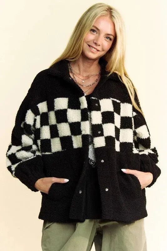 Davi & Dani Full Size Checkered Snap Down Faux Fur Jacket - ShopEasier