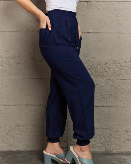 Tie Waist Long Joggers with Functional Pockets