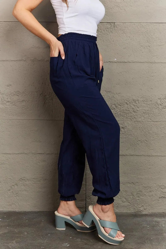 Tie Waist Long Joggers with Functional Pockets