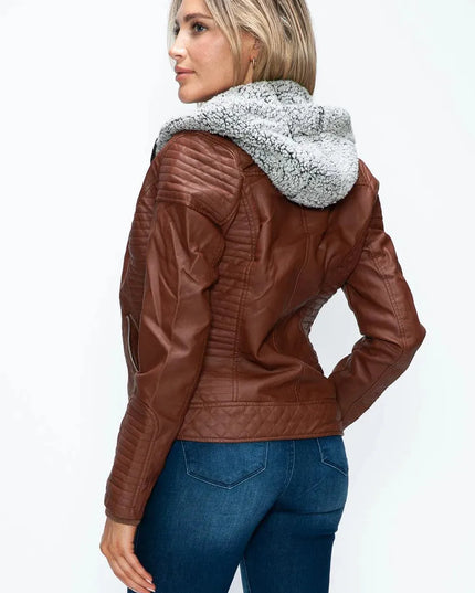 YMI Faux Layered Double-Zipper Jacket with Fuzzy Hood - ShopEasier