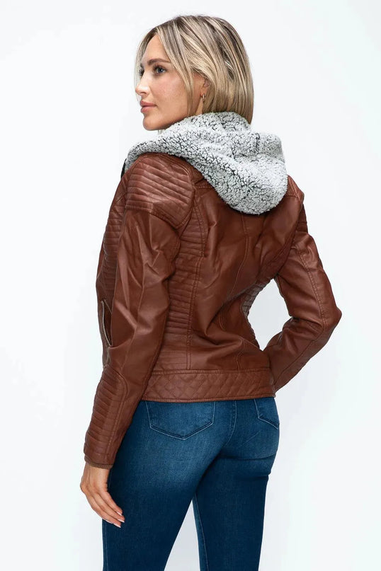 YMI Faux Layered Double-Zipper Jacket with Fuzzy Hood - ShopEasier