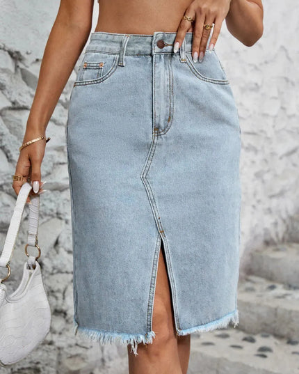 Raw Hem Slit Denim Skirt - ShopEasier