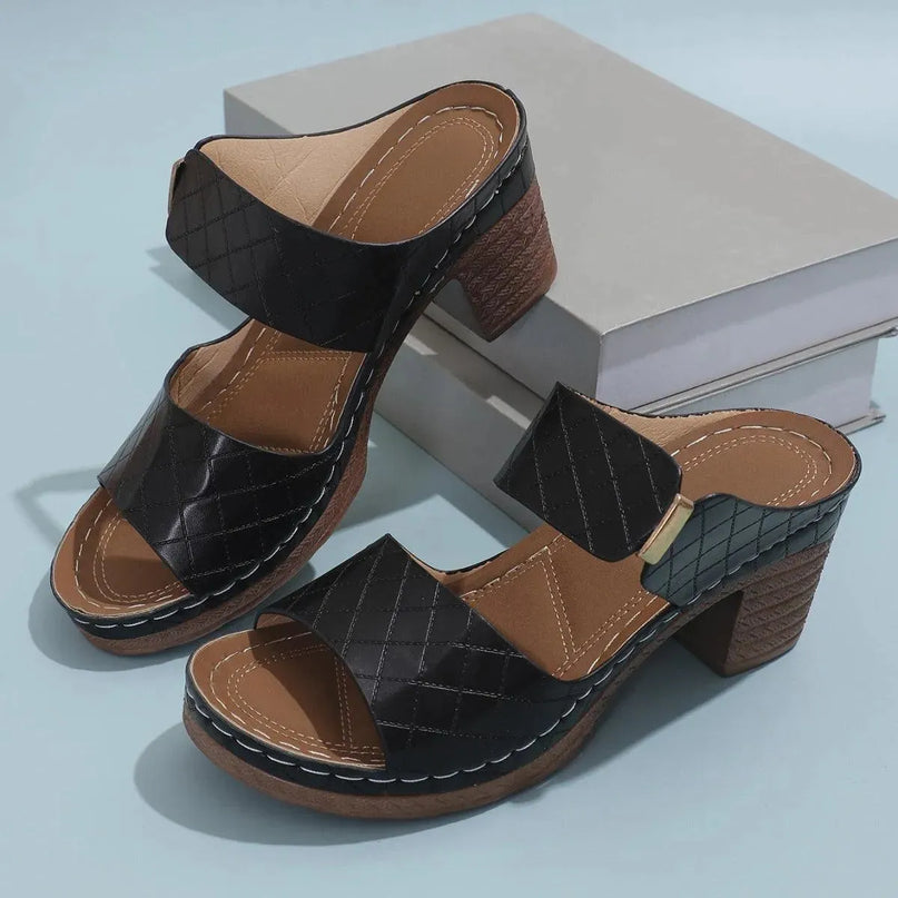 Stylish PU Leather Mid Heel Sandals