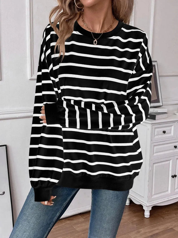 Chic Striped Round Neck Long Sleeve Sweatshirt