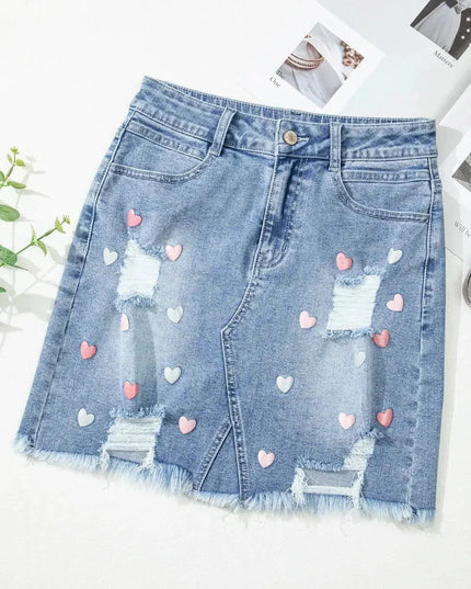 Distressed Heart-Shaped Mini Denim Skirt with Raw Hem