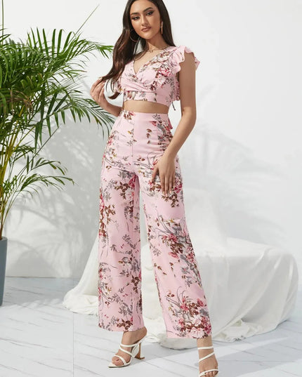 Honey Printed Surplice Cap Sleeve Top and Pants Set - ShopEasier