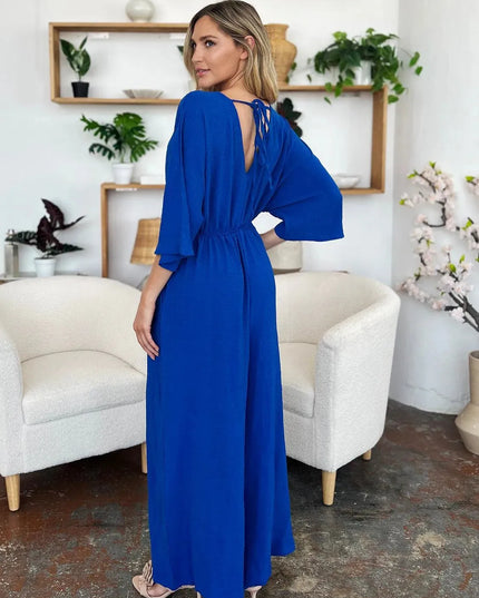 Double Take Full Size Surplice Wide Leg Jumpsuit with Pockets - ShopEasier