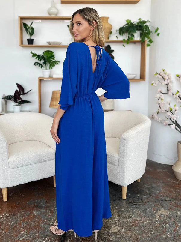 Double Take Full Size Surplice Wide Leg Jumpsuit with Pockets - ShopEasier