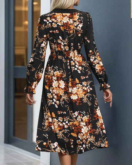 Perfee Printed Notched Long Sleeve Midi Dress - ShopEasier