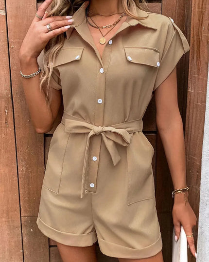 Perfee Collared Neck Tie Waist Romper with Pockets - ShopEasier