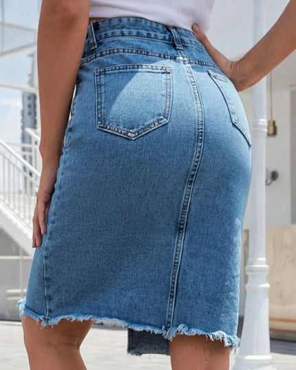 Raw Hem Slit Denim Skirt - ShopEasier