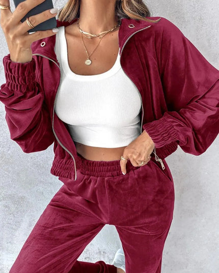 Zip Up Long Sleeve Cropped Top and Joggers Set - ShopEasier