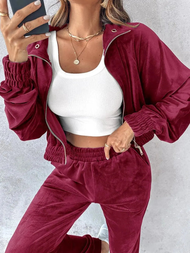 Zip Up Long Sleeve Cropped Top and Joggers Set - ShopEasier