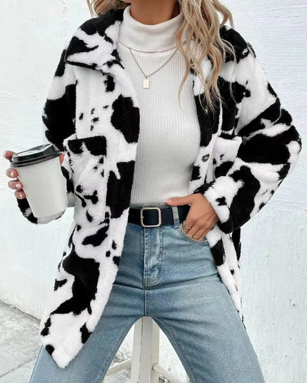 Cow Print Collared Neck Button Up Fuzzy Jacket - ShopEasier