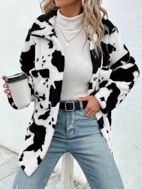 Cow Print Collared Neck Button Up Fuzzy Jacket - ShopEasier