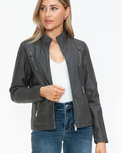 Snobbish Faux Leather Zip Up Mock Neck Jacket - ShopEasier