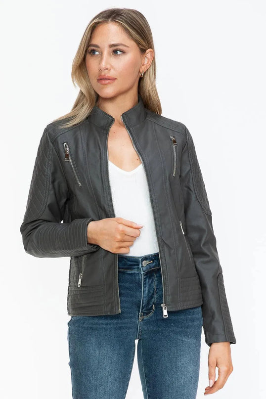 Snobbish Faux Leather Zip Up Mock Neck Jacket - ShopEasier