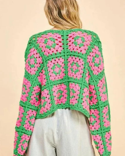 Davi & Dani Full Size Two Tone Flower Square Crochet Open Front Cardigan - ShopEasier