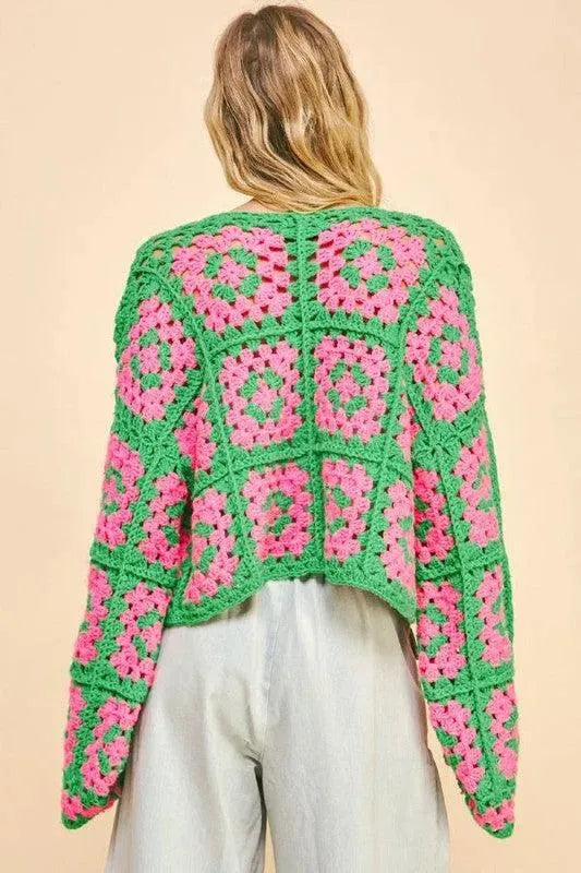 Davi & Dani Full Size Two Tone Flower Square Crochet Open Front Cardigan - ShopEasier