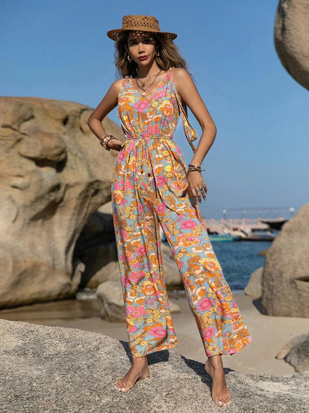 V-Neck Wide Leg Jumpsuit - ShopEasier