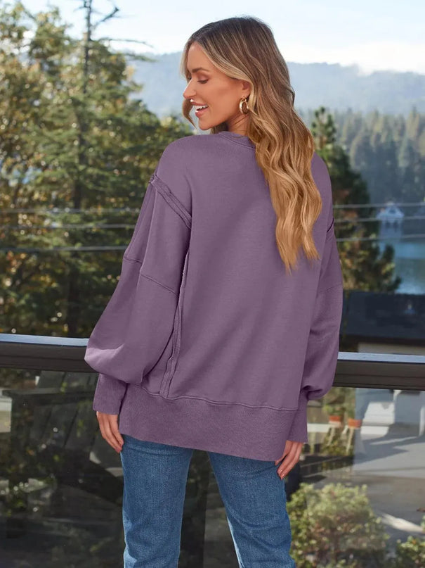 Slit Round Neck Long Sleeve Sweatshirt - ShopEasier