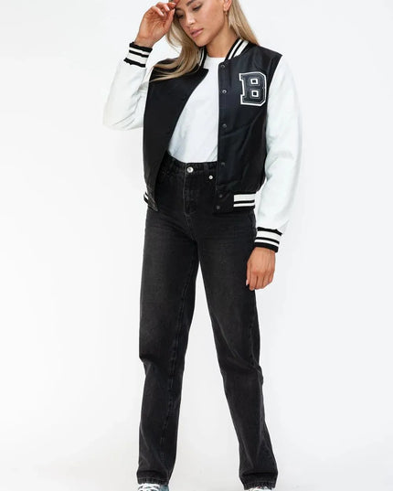 Love Me Now PU Leather Contrast Snap Down Bomber Jacket - ShopEasier