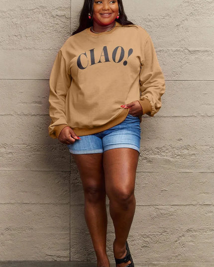 Simply Love Full Size CIAO！Round Neck Sweatshirt - ShopEasier