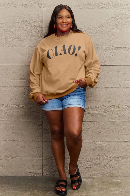 Simply Love Full Size CIAO！Round Neck Sweatshirt - ShopEasier