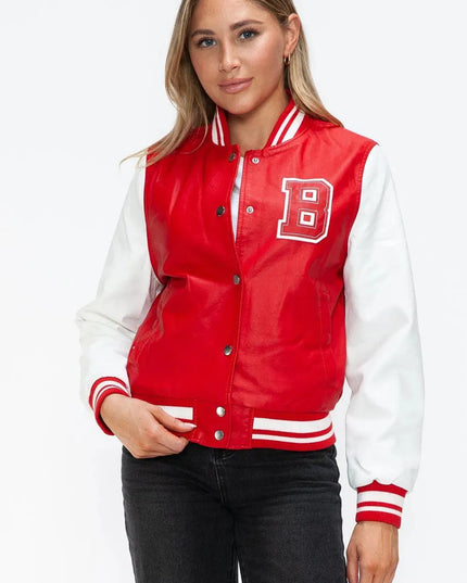 Love Me Now PU Leather Contrast Snap Down Bomber Jacket - ShopEasier