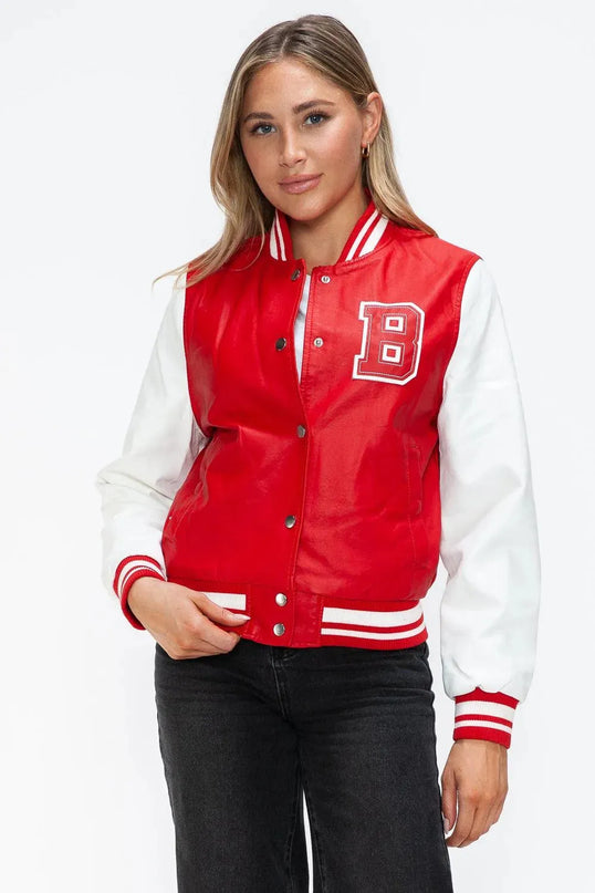 Love Me Now PU Leather Contrast Snap Down Bomber Jacket - ShopEasier