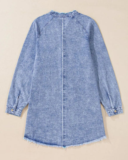 Raw Hem Button Down Long Sleeve Denim Dress - ShopEasier