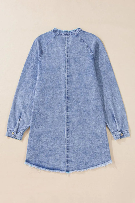 Raw Hem Button Down Long Sleeve Denim Dress - ShopEasier