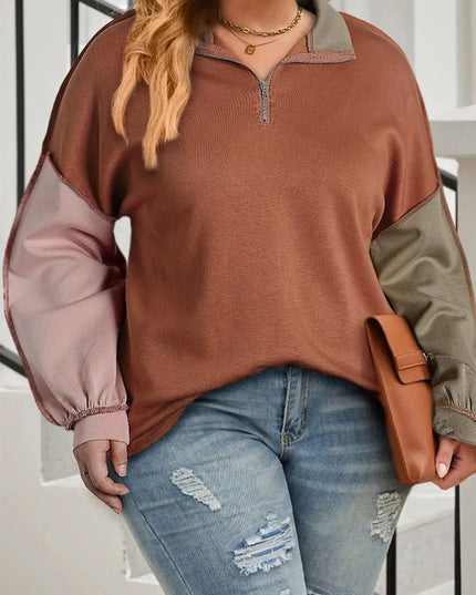 Color Block Plus Size Quarter Zip Sweatshirt with Exposed Seams